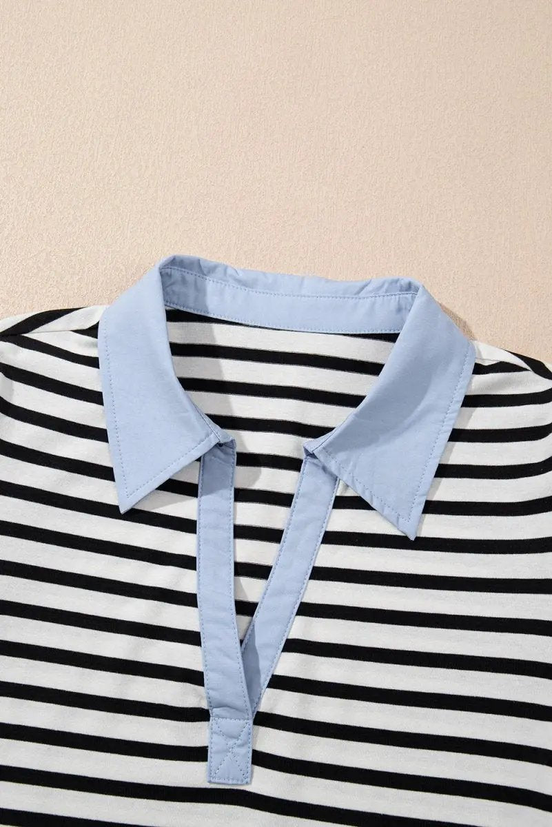 Black Stripe Contrast V Neck Collared Puff Sleeve T Shirt Mini Dress with Pockets - Love Salve